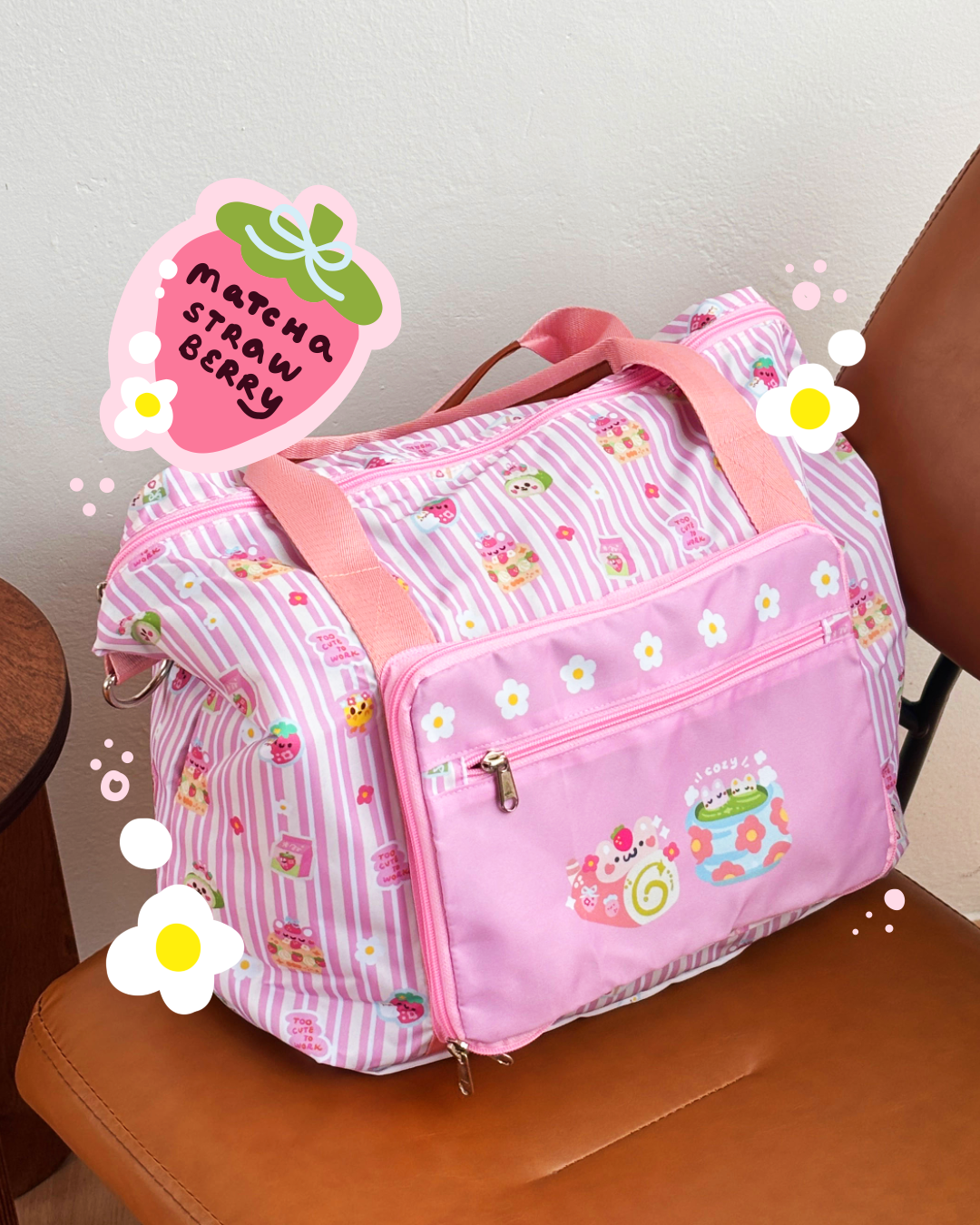 Strawberry Matcha foldable Travel Bag / Gym Bag 🍓